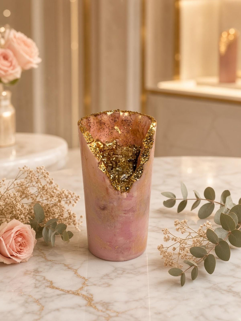 Hand-poured Pink Geode Candle | Glitter Crystal Soy Wax Pillar Home Decor