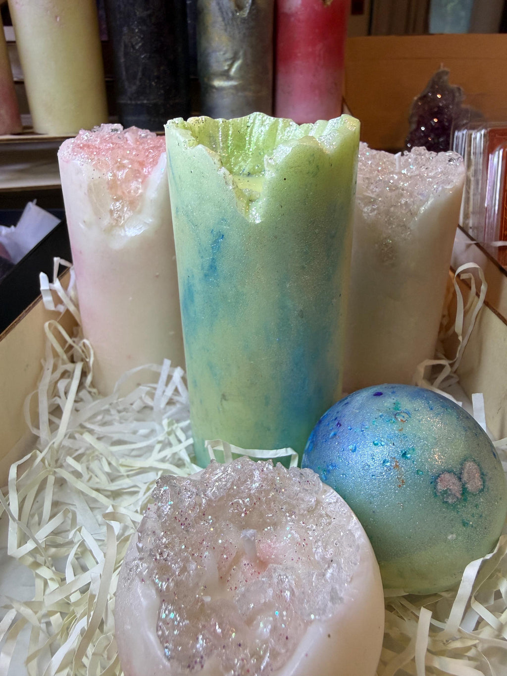 Frozen Pastel Marble Pillar Candle – Icy Glitter Soy Wax Candle