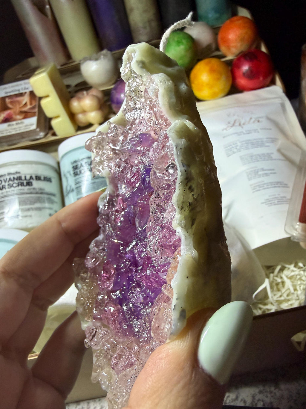 Unscented Geode Pillar Candle — Soy Wax & Gel Crystal Center