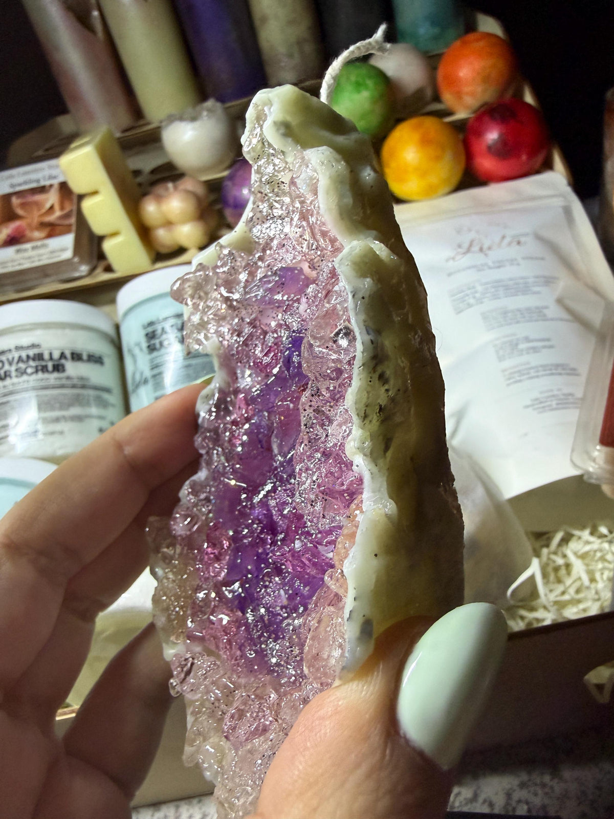 Unscented Geode Pillar Candle — Soy Wax & Gel Crystal Center
