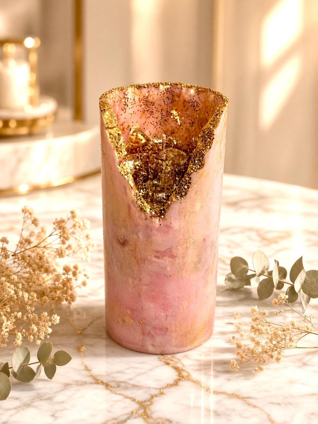 Hand-poured Pink Geode Candle | Glitter Crystal Soy Wax Pillar Home Decor