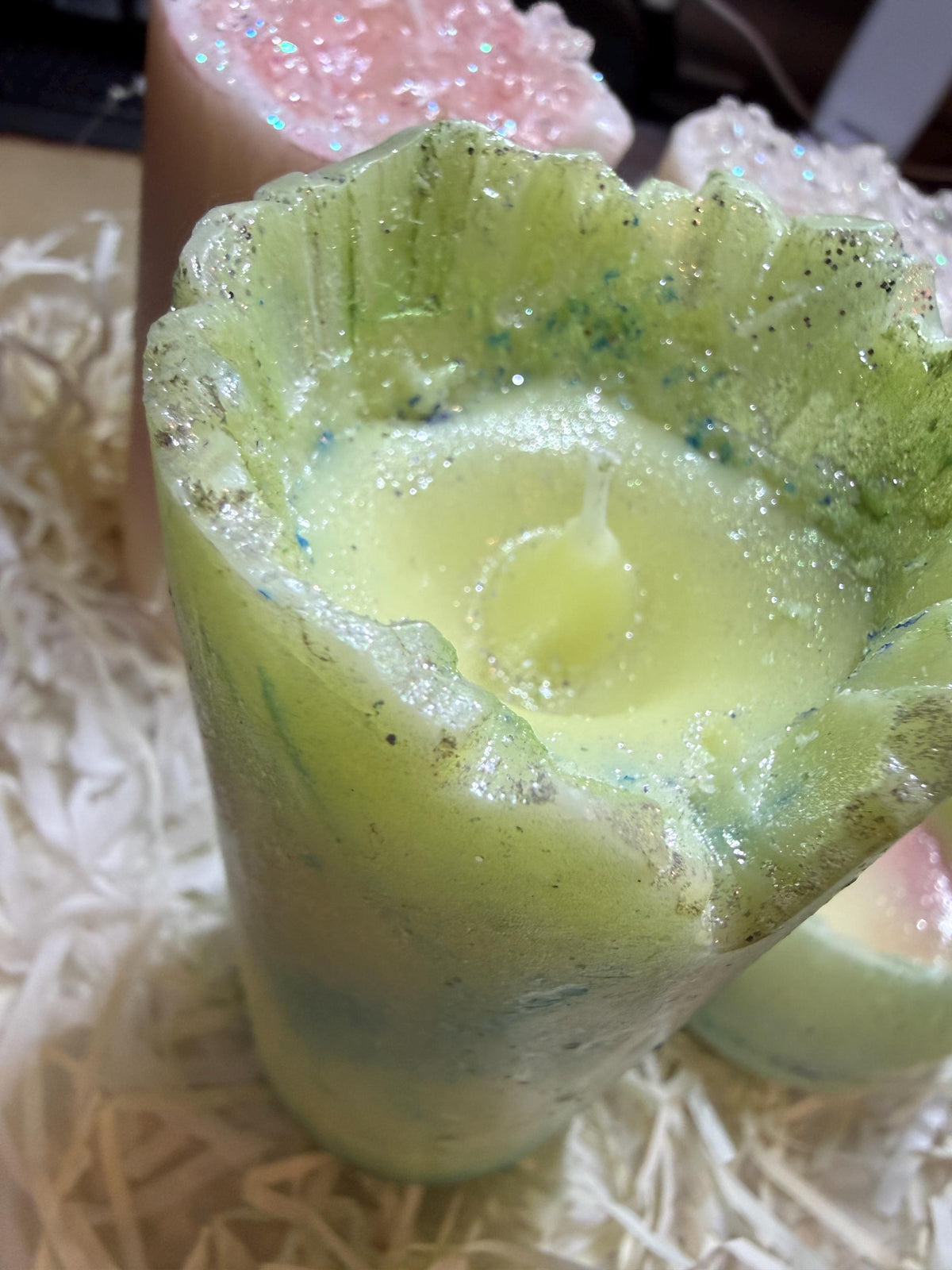 Frozen Pastel Marble Pillar Candle – Icy Glitter Soy Wax Candle