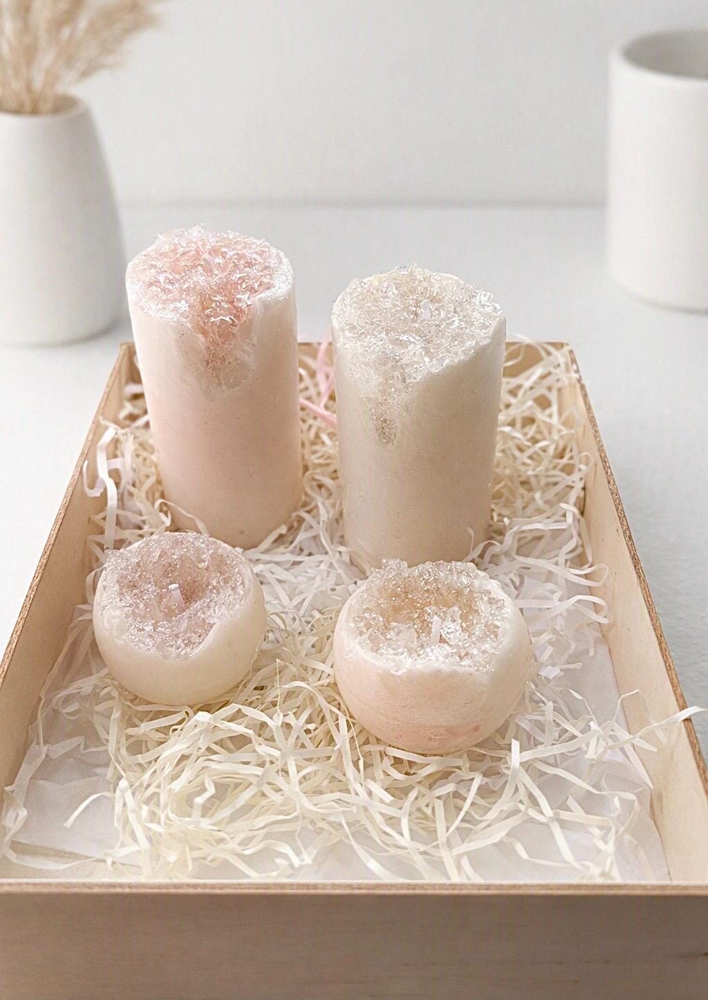 Crystal Geode Pillar Candle – Handmade Soy Gel Wax Art (Custom Scents Available)