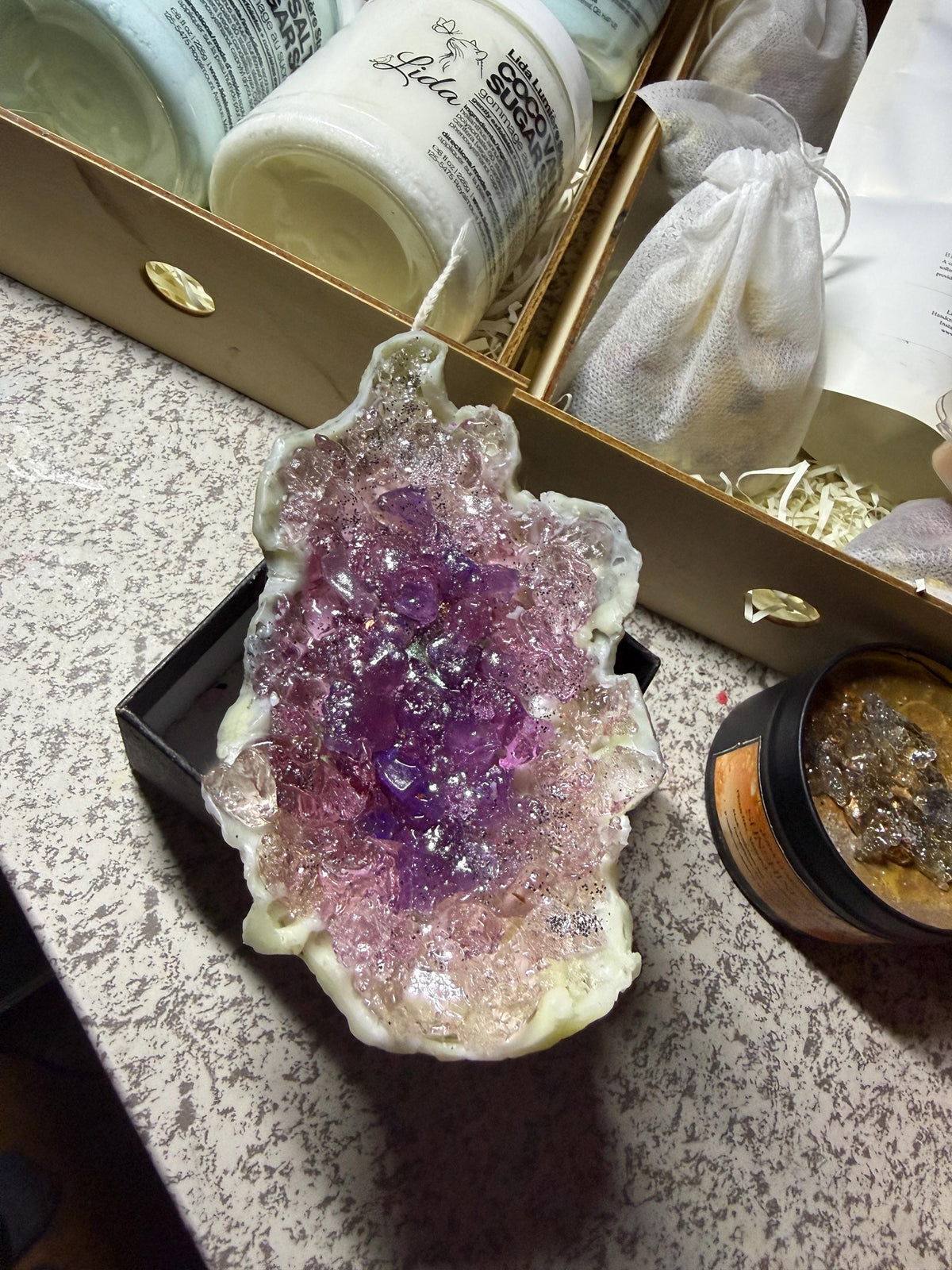 Unscented Geode Pillar Candle — Soy Wax & Gel Crystal Center