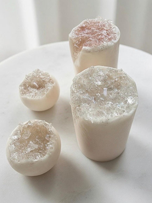 Crystal Geode Pillar Candle – Handmade Soy Gel Wax Art (Custom Scents Available)