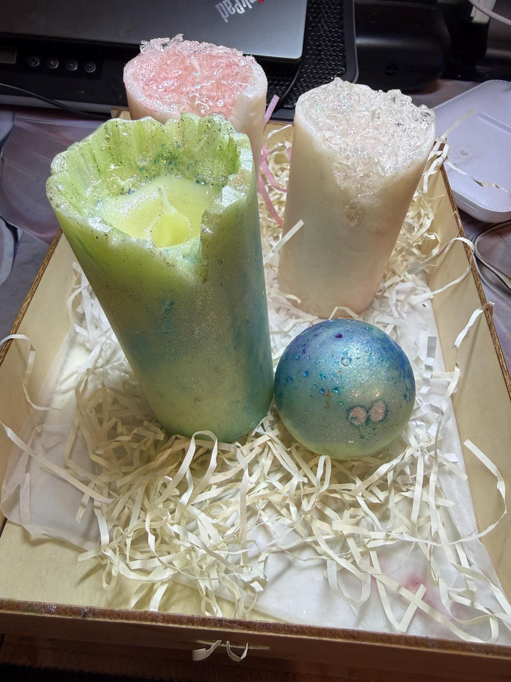 Frozen Pastel Marble Pillar Candle – Icy Glitter Soy Wax Candle