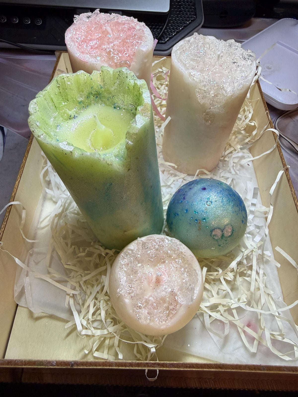 Frozen Pastel Marble Pillar Candle – Icy Glitter Soy Wax Candle
