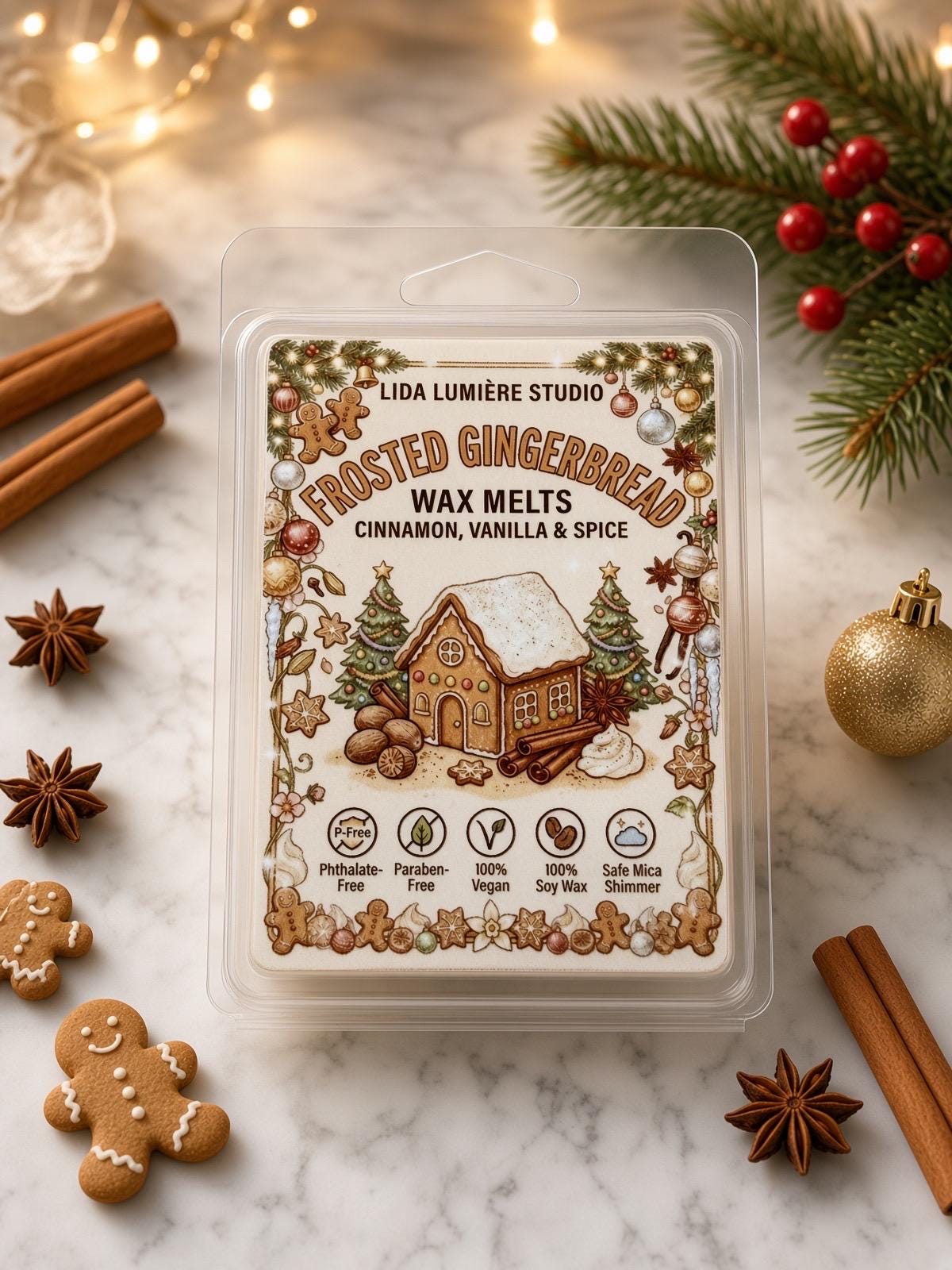 Frosted Gingerbread Wax Melts – Holiday Spice Soy Wax (6-Cube Pack)