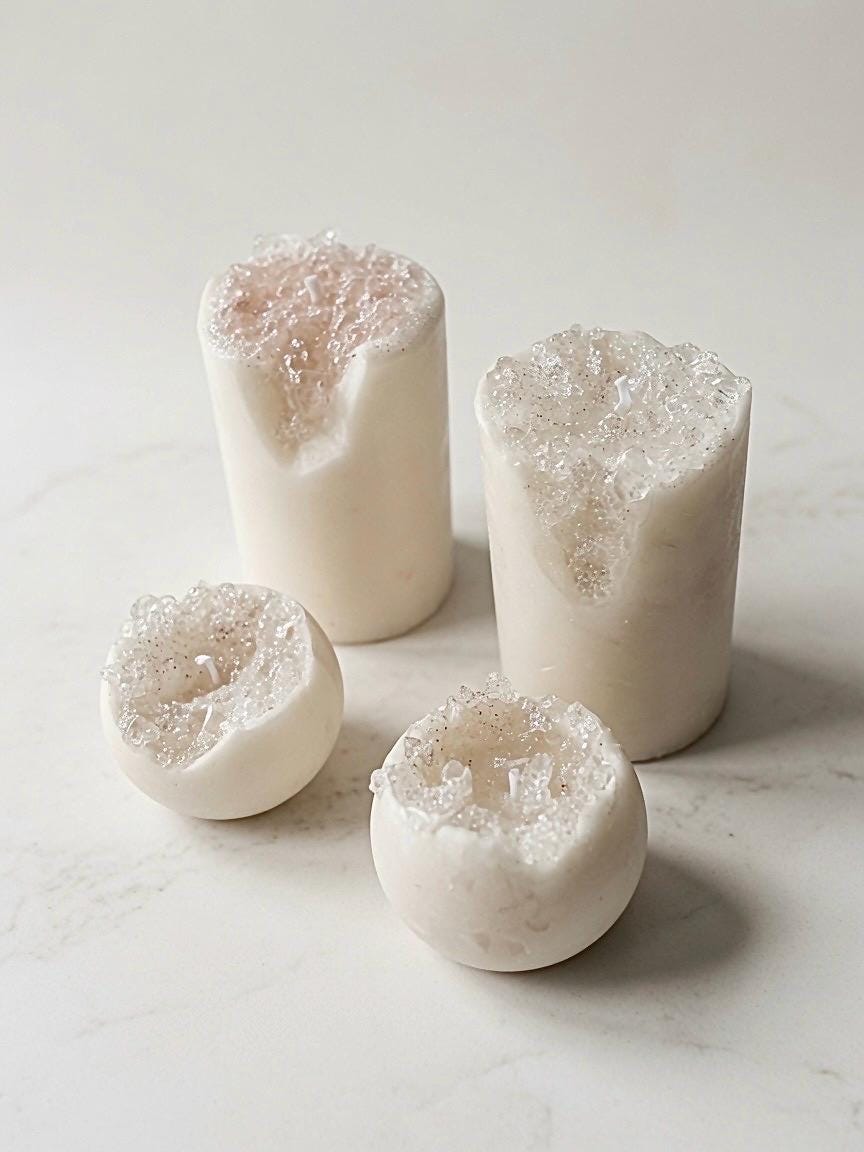 Crystal Geode Pillar Candle – Handmade Soy Gel Wax Art (Custom Scents Available)