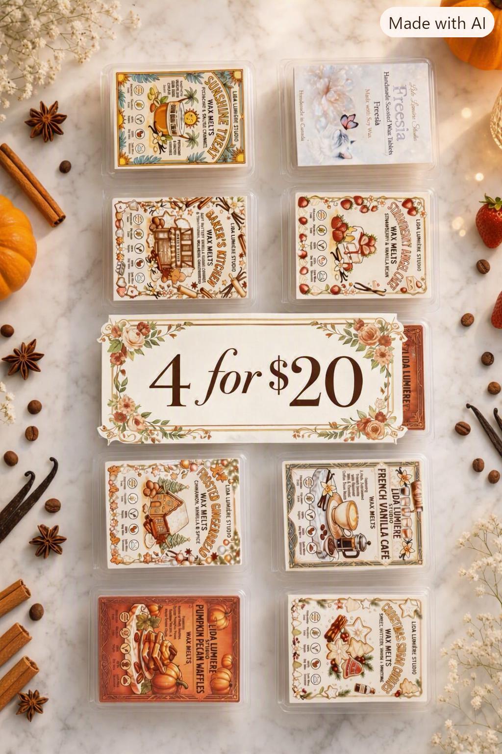 Hand-Poured Coconut Soy Wax Melts, Fall Winter Luxury Scents (4 for 20)