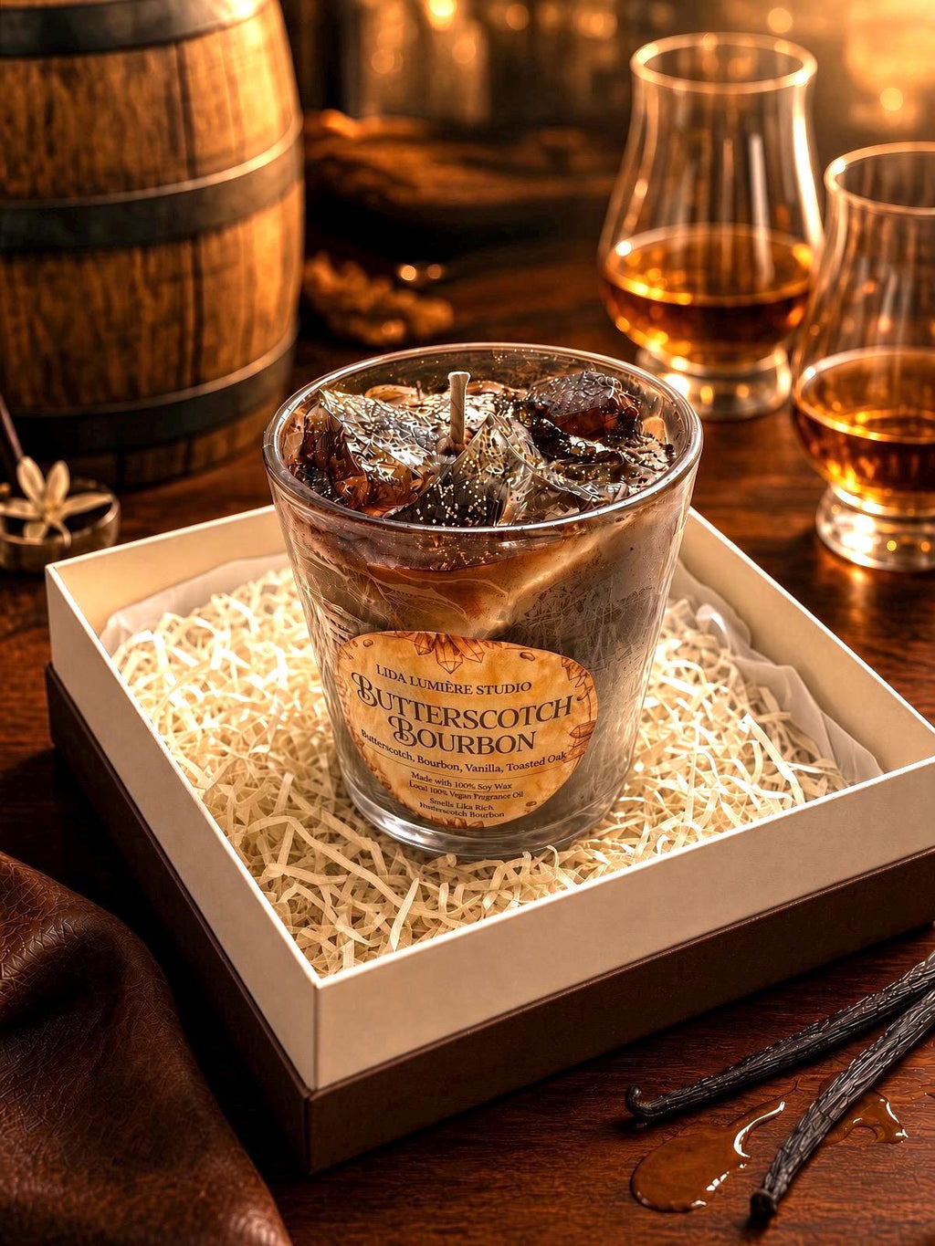 13 oz Butterscotch Bourbon Candle — Coconut Soy + Gel Wax Ice Cubes