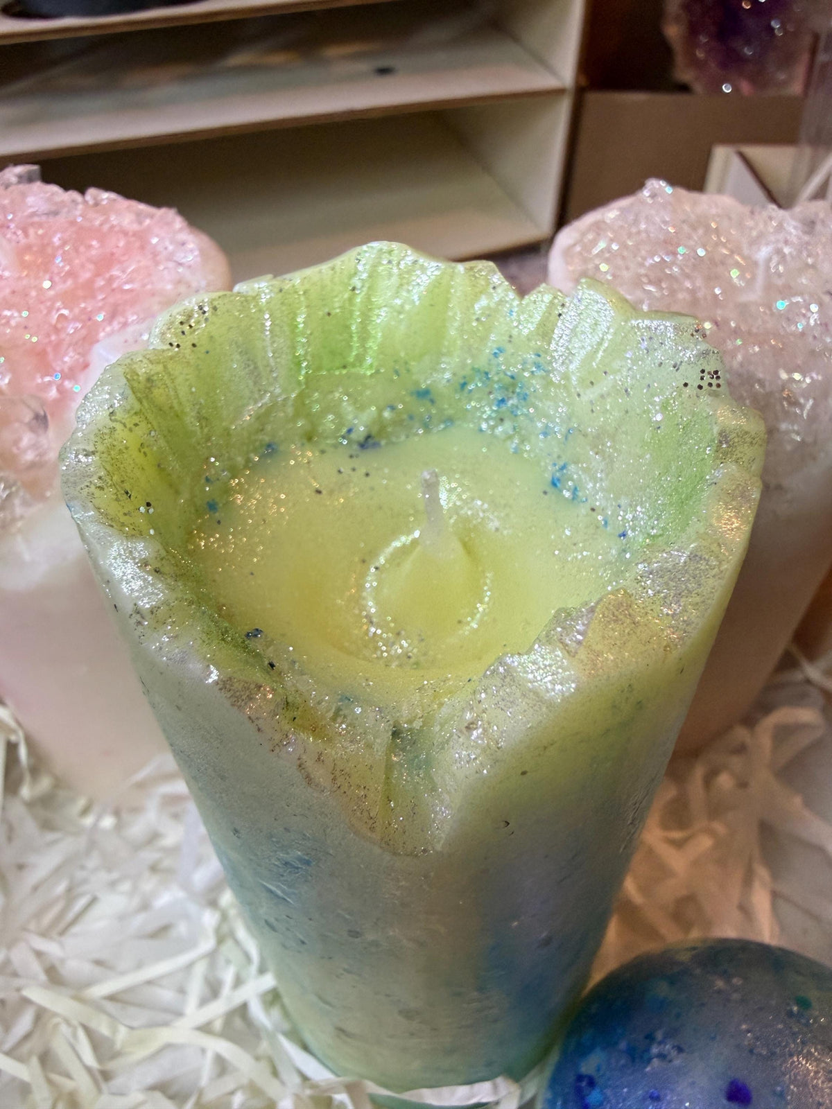 Frozen Pastel Marble Pillar Candle – Icy Glitter Soy Wax Candle