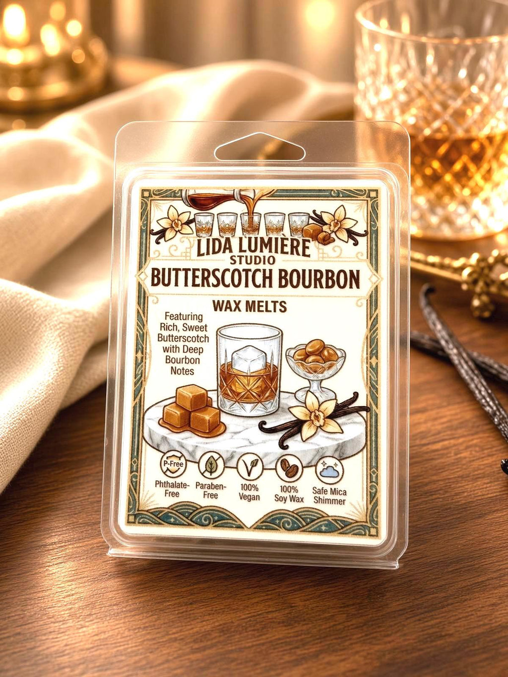 Butterscotch Bourbon Soy Wax Melts – Warm, Smoky, Indulgent Fragrance (6-Cube Pack)