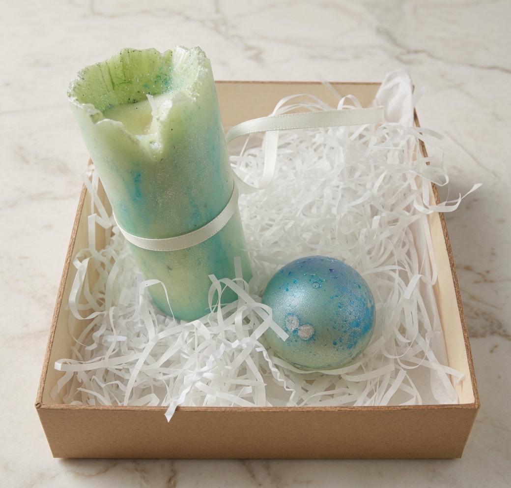 Frozen Pastel Marble Pillar Candle – Icy Glitter Soy Wax Candle