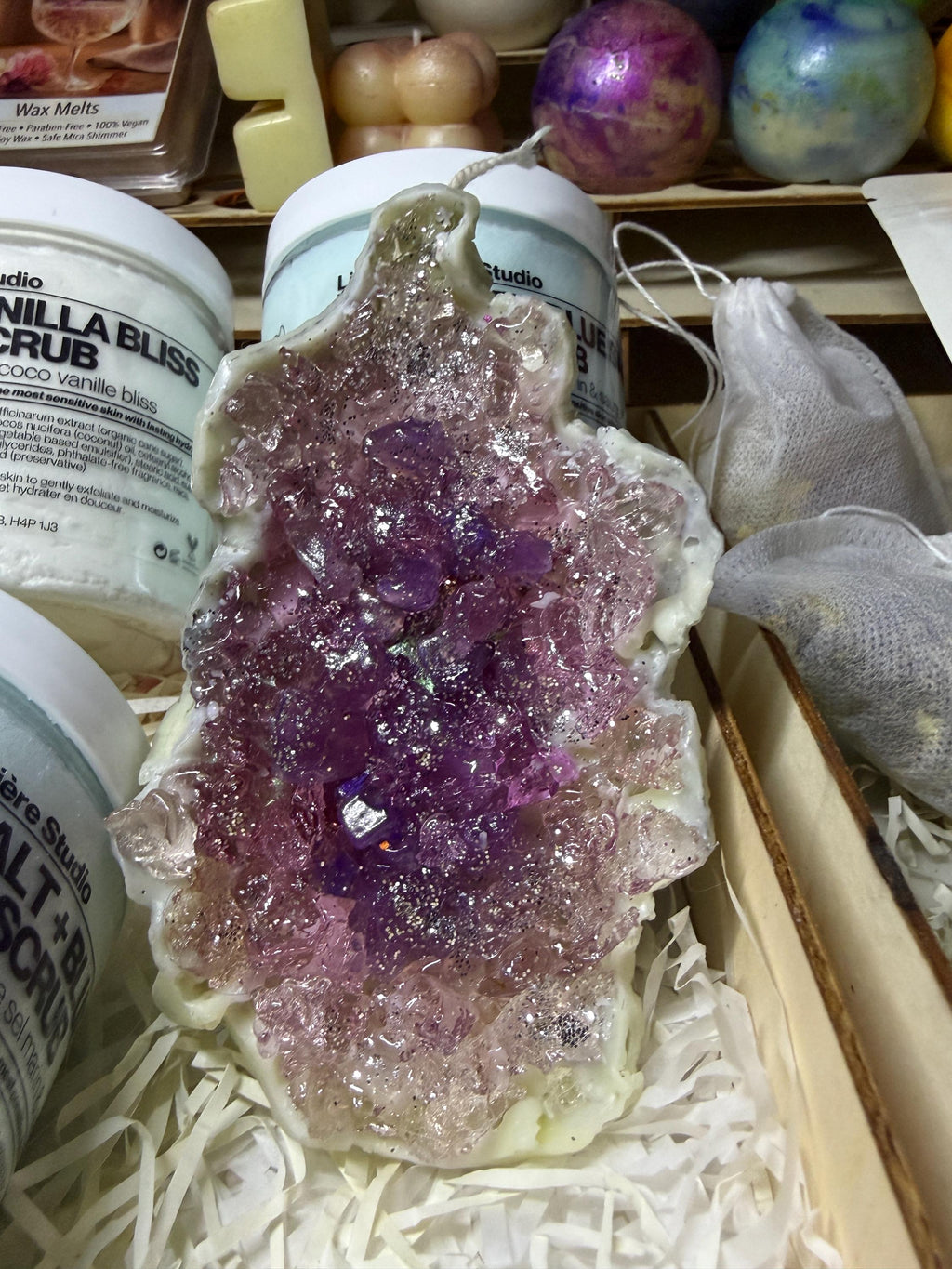 Unscented Geode Pillar Candle — Soy Wax & Gel Crystal Center