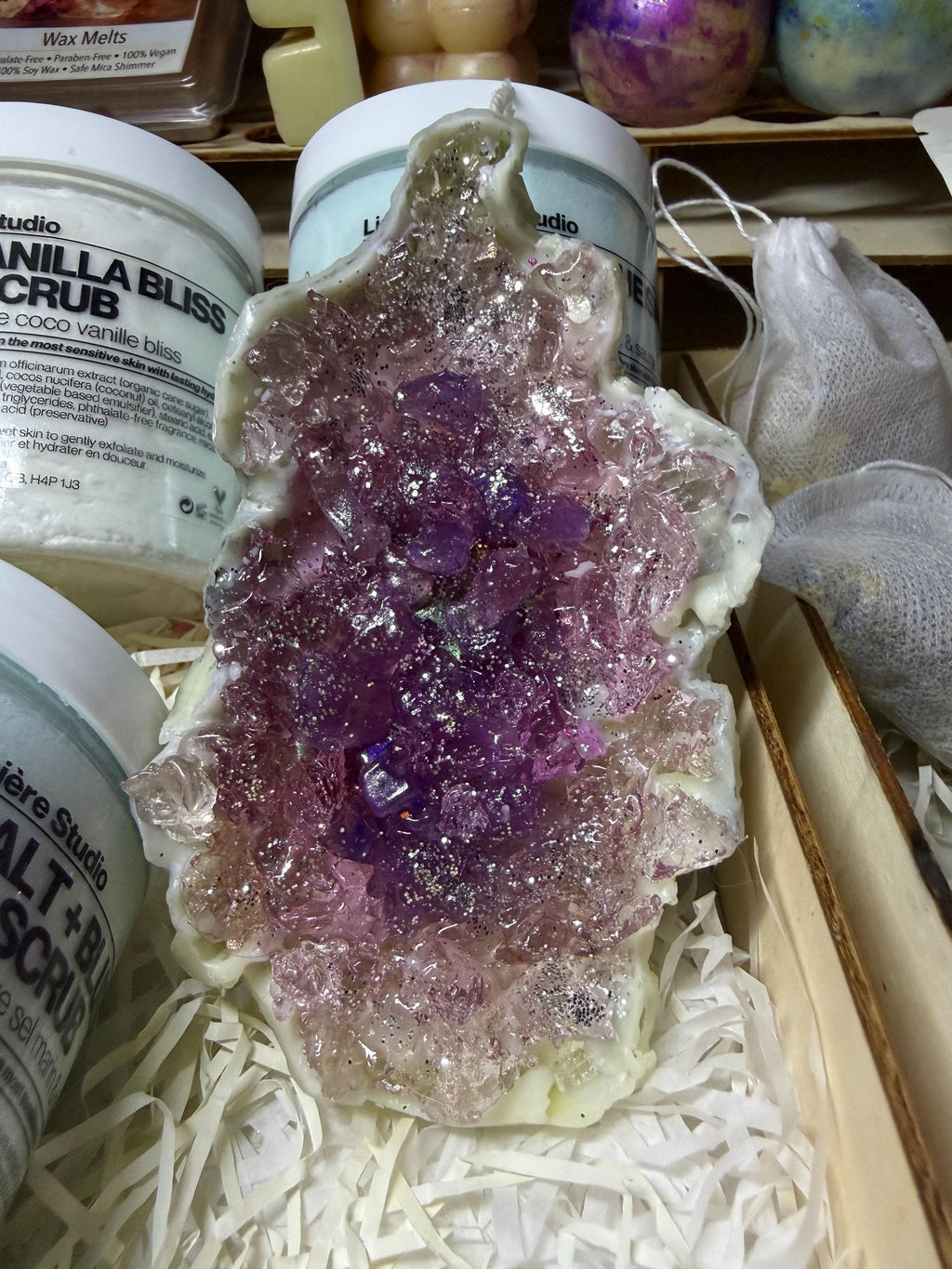 Unscented Geode Pillar Candle — Soy Wax & Gel Crystal Center