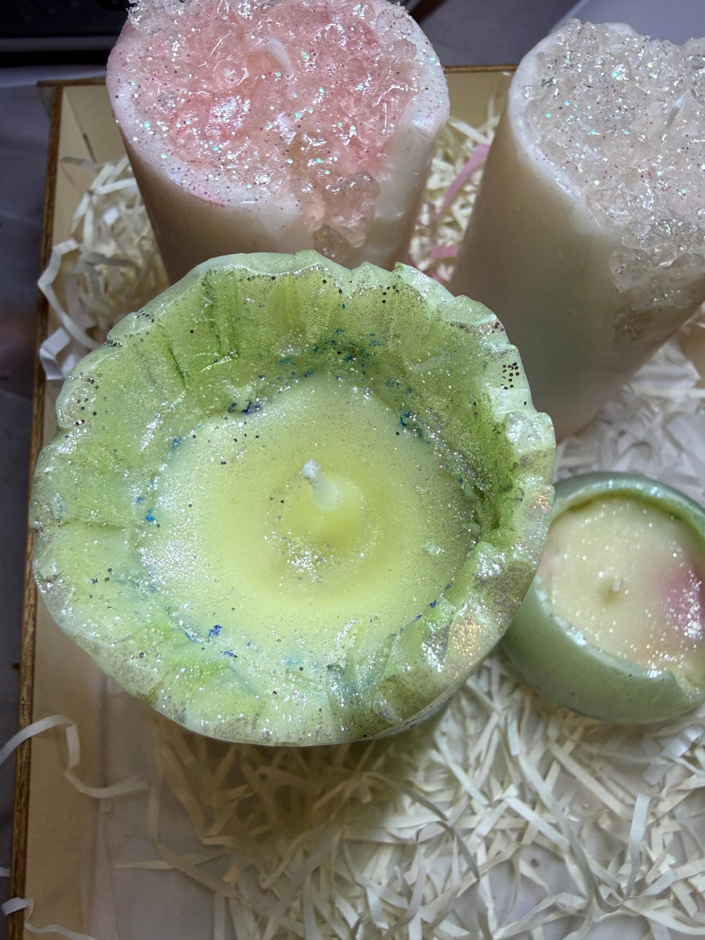 Frozen Pastel Marble Pillar Candle – Icy Glitter Soy Wax Candle
