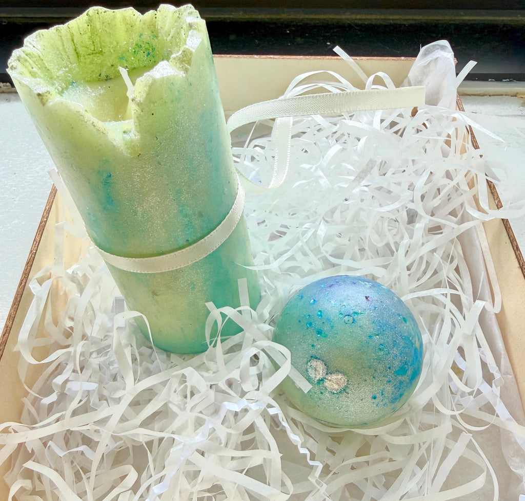 Pastel Marble Candle & Glitter Wax Melt Gift Set - Fresh Scented Relaxation Box