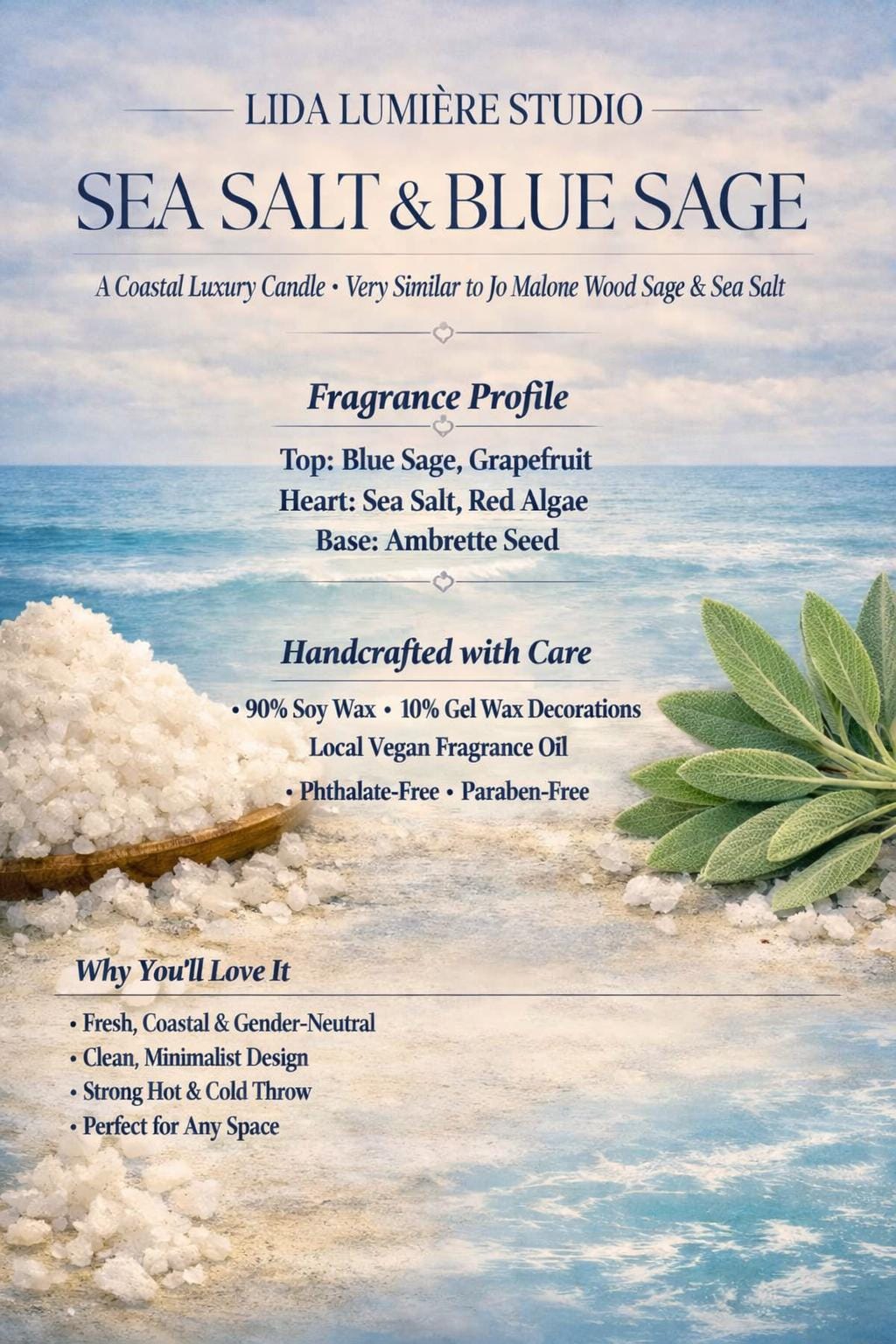 SEASALT & BLUE SAGE – Luxury Candle Inspired by Jo Malone Wood Sage and Sea Salt
