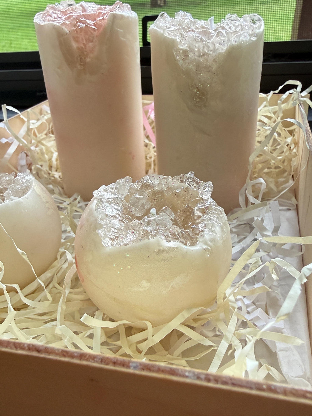 Crystal Geode Pillar Candle – Handmade Soy Gel Wax Art (Custom Scents Available)