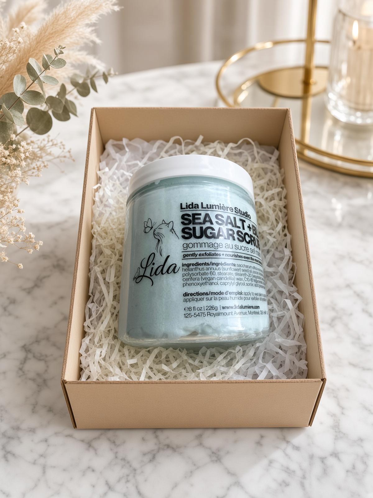 Sensitive skin- 8 oz 2‑in‑1 Body Scrub + Lotion — Sea Salt & Blue Sage