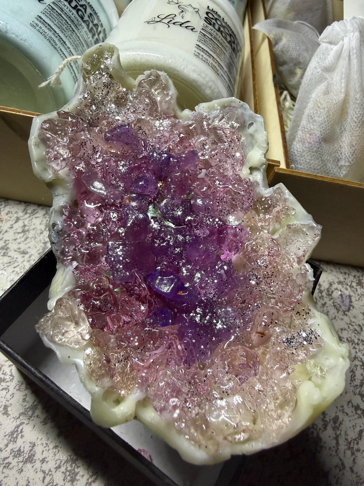 Unscented Geode Pillar Candle — Soy Wax & Gel Crystal Center