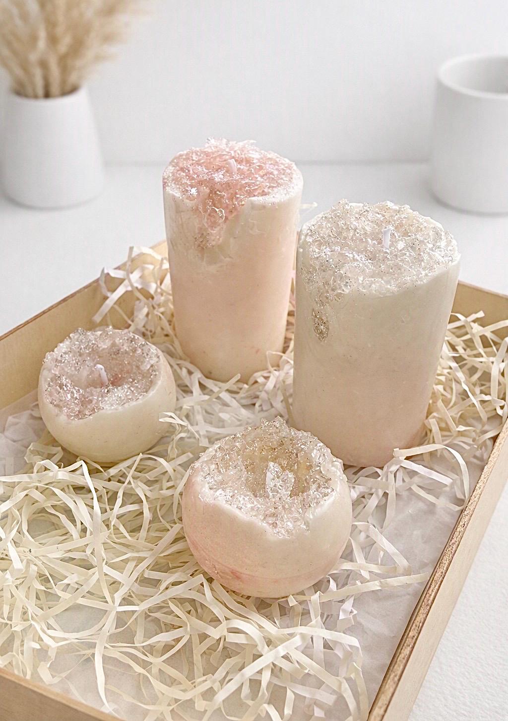 Crystal Geode Pillar Candle – Handmade Soy Gel Wax Art (Custom Scents Available)
