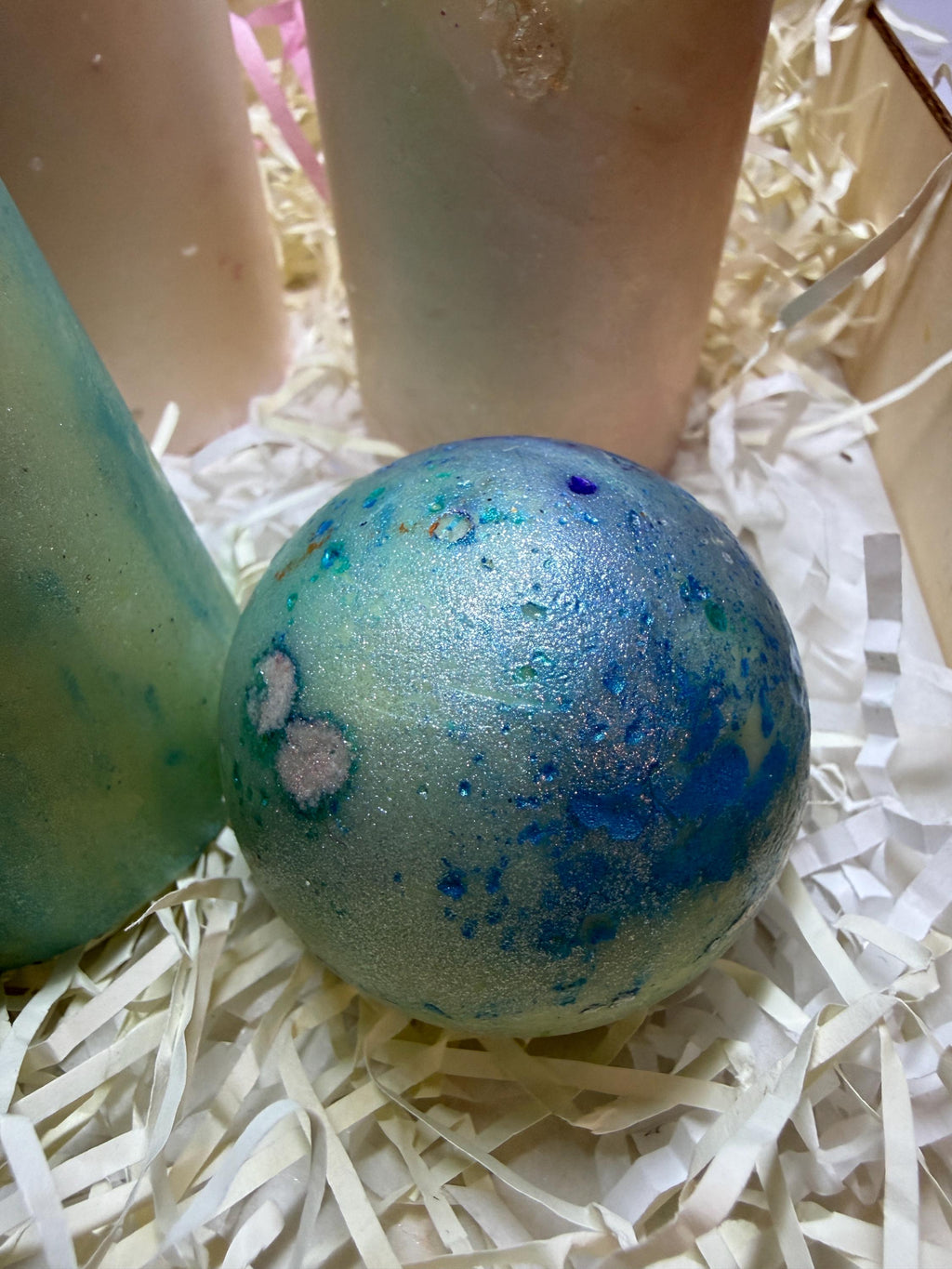 Frozen Pastel Marble Pillar Candle – Icy Glitter Soy Wax Candle